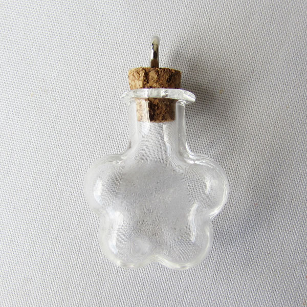 Glazen mini flesje, bloem, 21 x 34 x 10 mm, met kurk dopje, per stuk