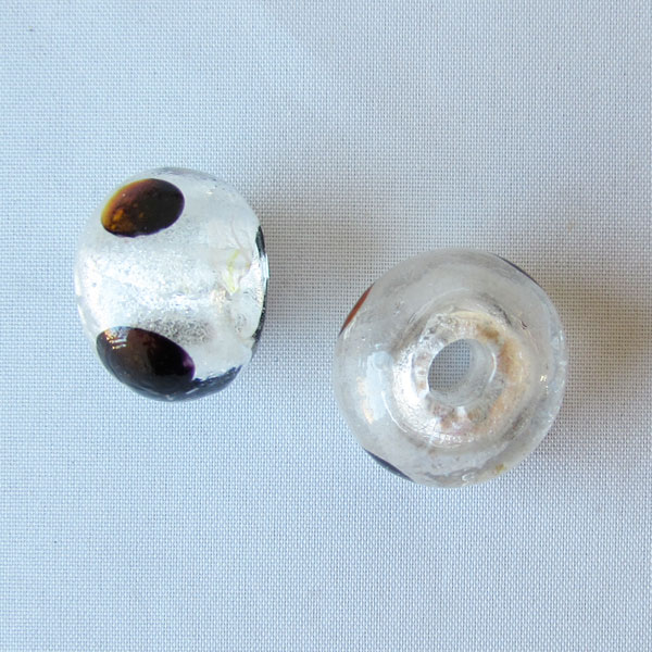 Glaskraal met groot gat, 20 x 15 mm, silverfoil/bruine stip, per stuk