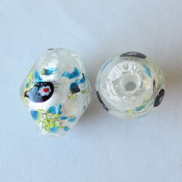 Glaskraal met groot gat, bicone, 28 x 22 mm, silverfoil/aqua/lime, per stuk