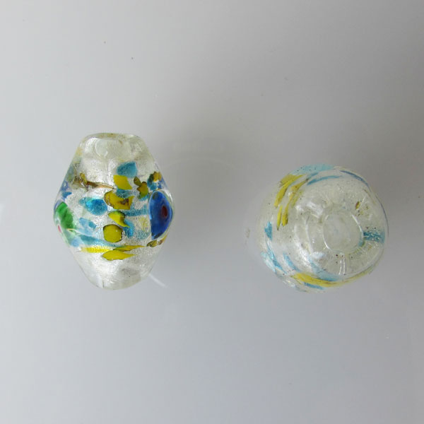 Glaskraal met groot gat, bicone, 28 x 22 mm, silverfoil/geel/aqua, per stuk