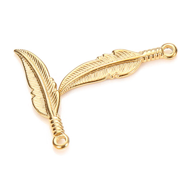 Edelstalen bedel, Veertje, goldplated, 22 x 5 mm, per stuk