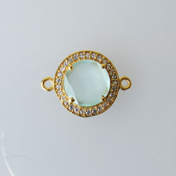 22 K Goud vermeil tussenstuk, AQUA CHALCEDOON met zirkonia’s, 13 x 18 mm, 1 micron plated, per stuk