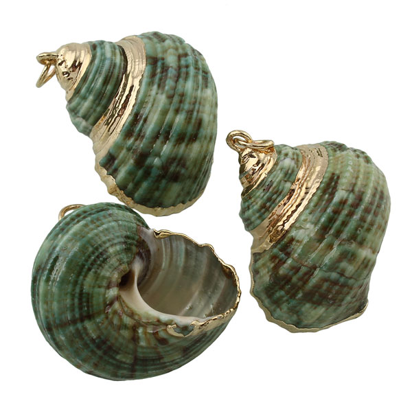 Gold plated hanger, Trompetschelp, groen, ongeveer 29 mm, per stuk